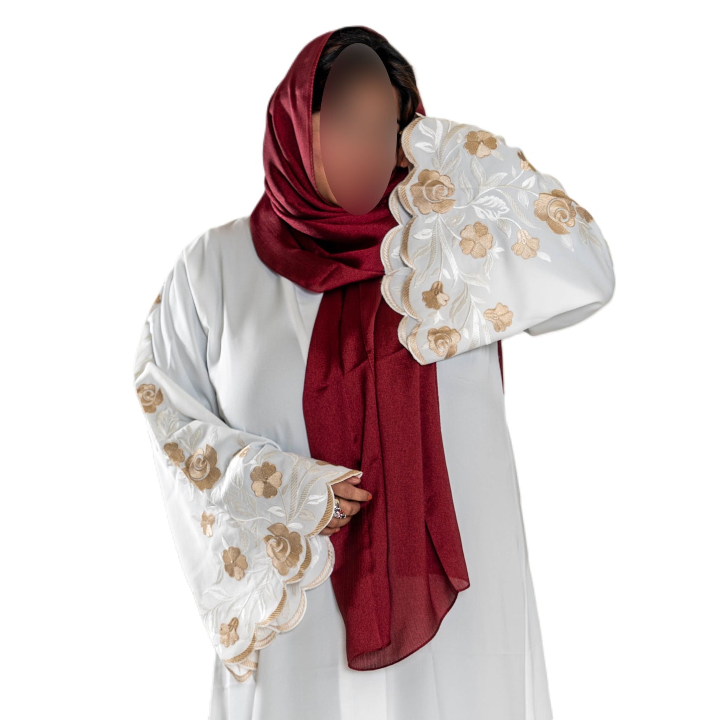 White Abaya with Embroidered Sleeves - High-Quality Fabric & Intricate Embroidery for Elegance and Sophistication ID