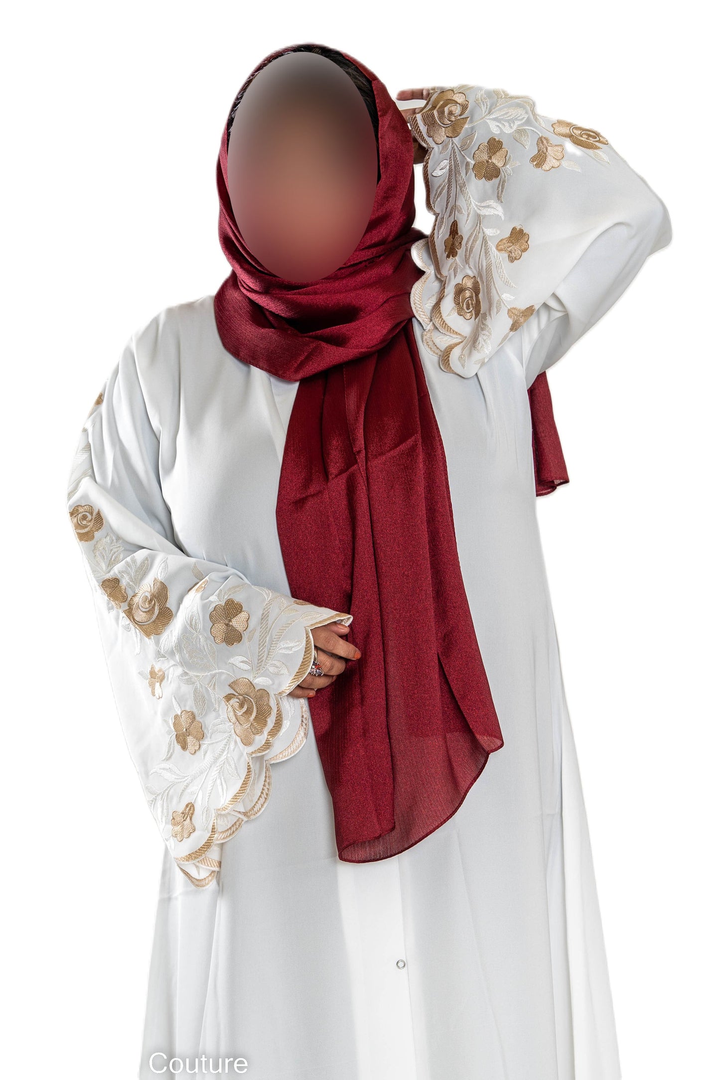 White Abaya with Embroidered Sleeves - High-Quality Fabric & Intricate Embroidery for Elegance and Sophistication ID