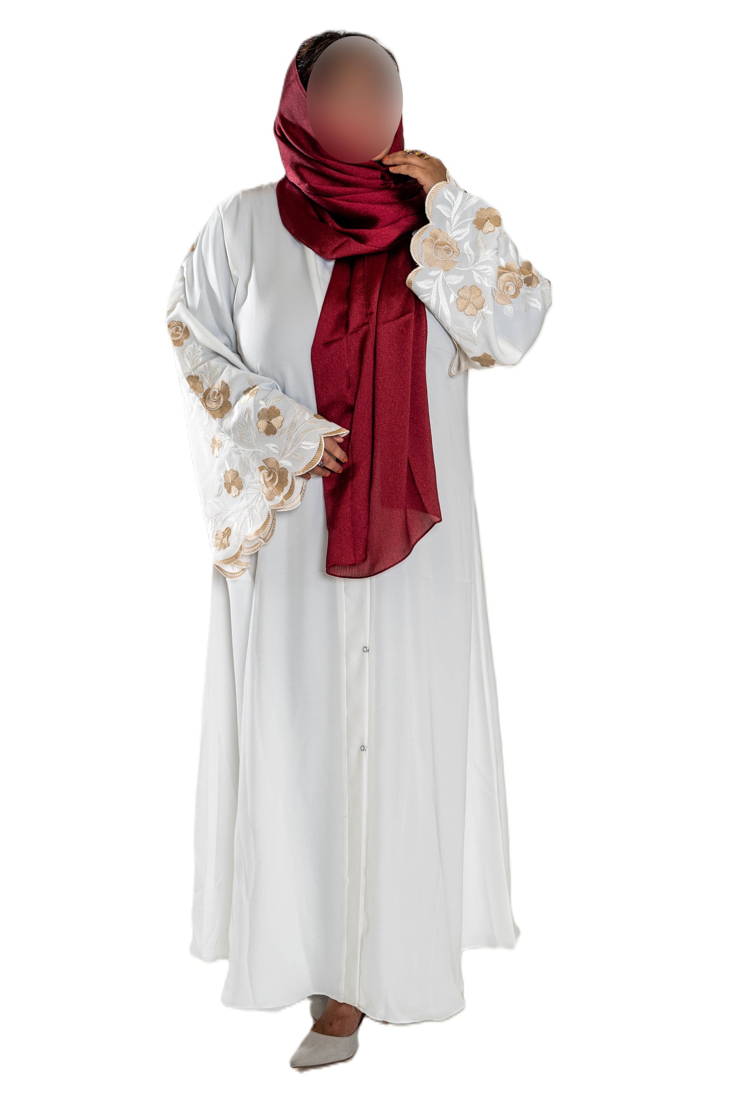 White Abaya with Embroidered Sleeves - High-Quality Fabric & Intricate Embroidery for Elegance and Sophistication ID