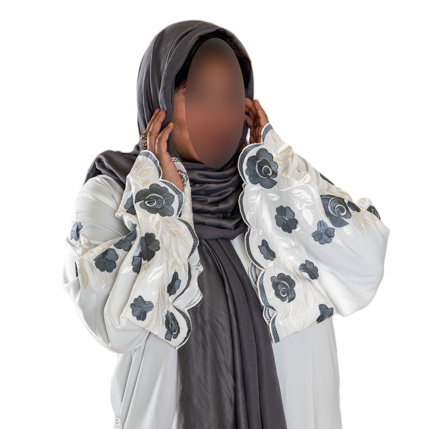 White Abaya with Embroidered Sleeves - High-Quality Fabric & Intricate Embroidery for Elegance and Sophistication ID