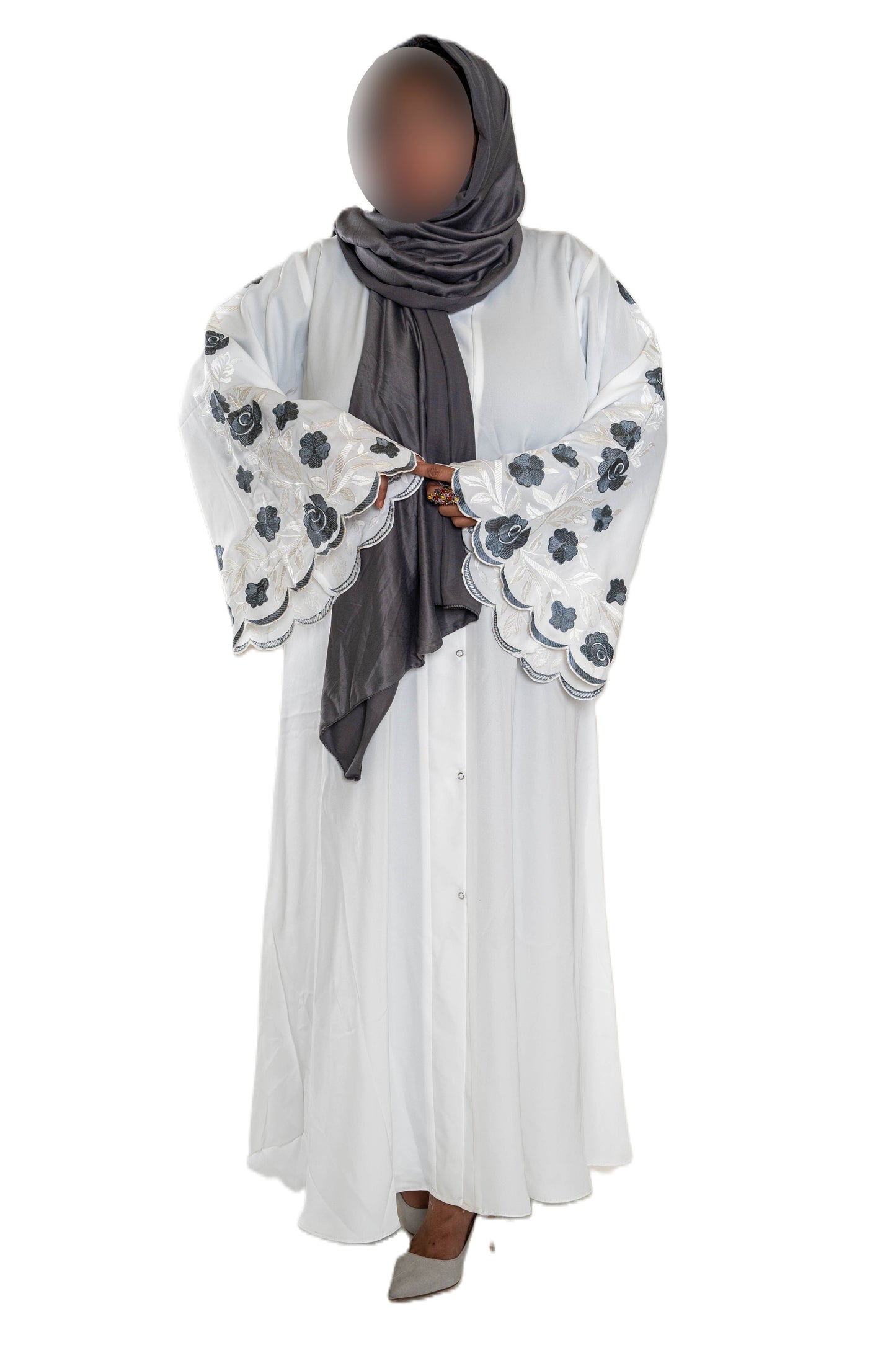 White Abaya with Embroidered Sleeves - High-Quality Fabric & Intricate Embroidery for Elegance and Sophistication ID