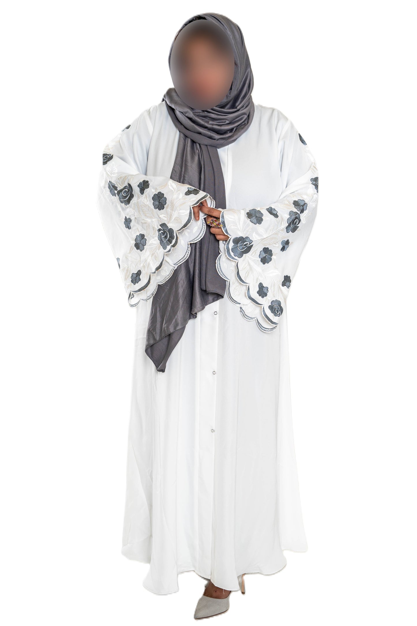White Abaya with Embroidered Sleeves - High-Quality Fabric & Intricate Embroidery for Elegance and Sophistication ID