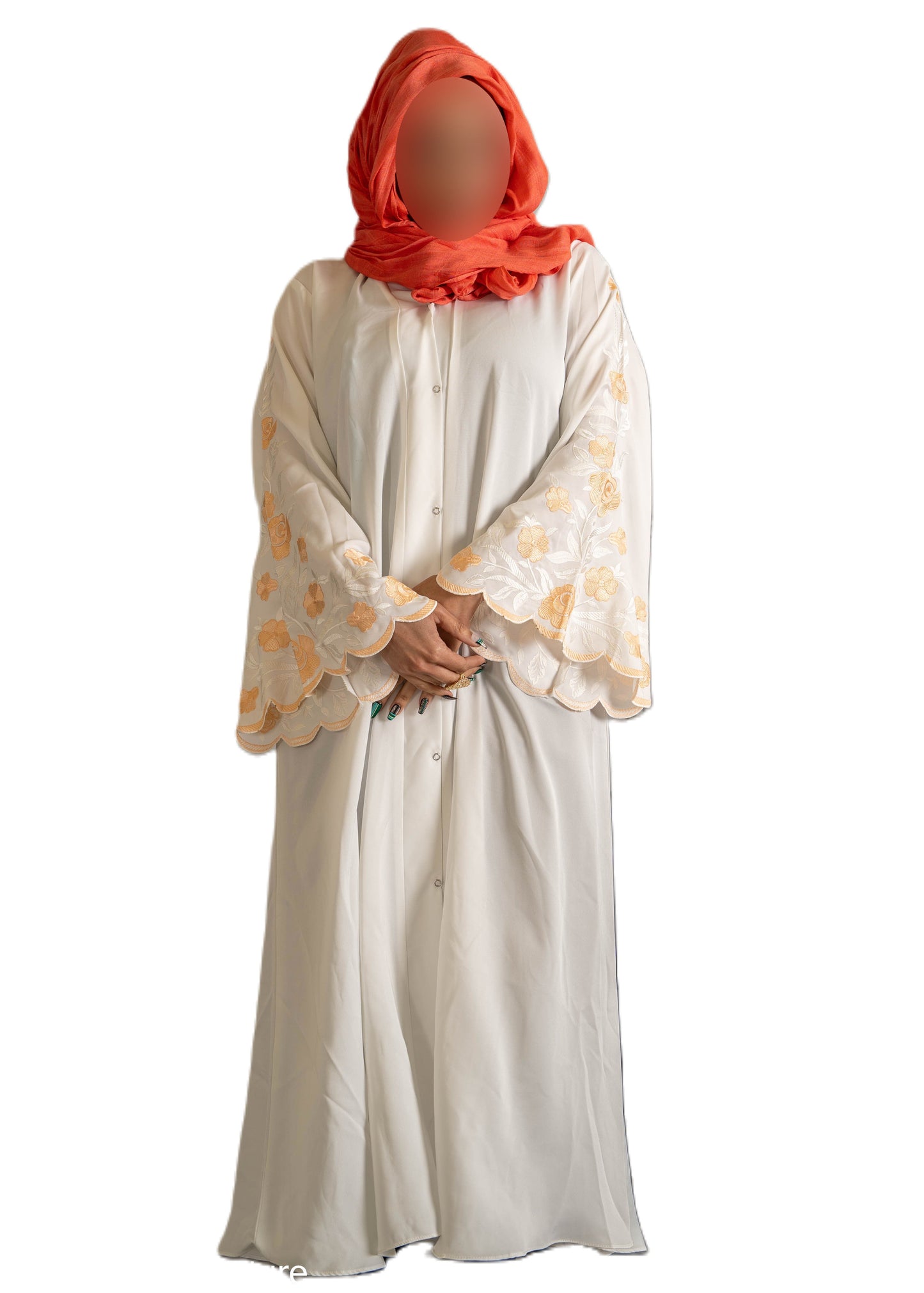 White Abaya with Embroidered Sleeves - High-Quality Fabric & Intricate Embroidery for Elegance and Sophistication ID