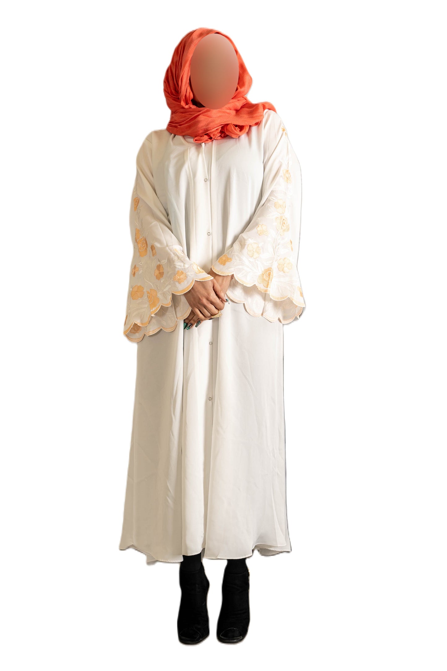 White Abaya with Embroidered Sleeves - High-Quality Fabric & Intricate Embroidery for Elegance and Sophistication ID