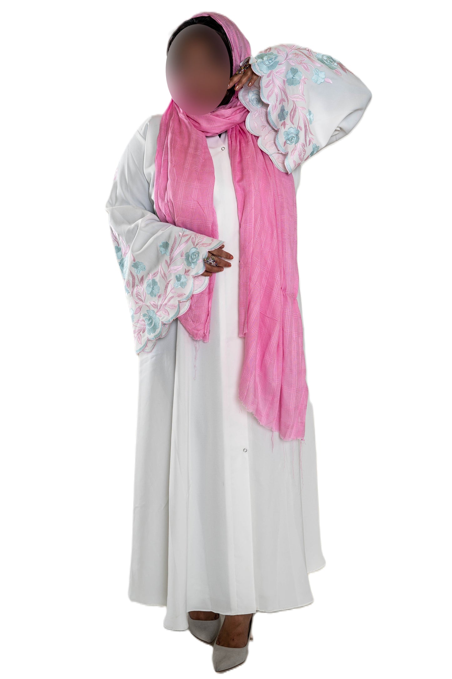 White Abaya with Embroidered Sleeves - High-Quality Fabric & Intricate Embroidery for Elegance and Sophistication ID
