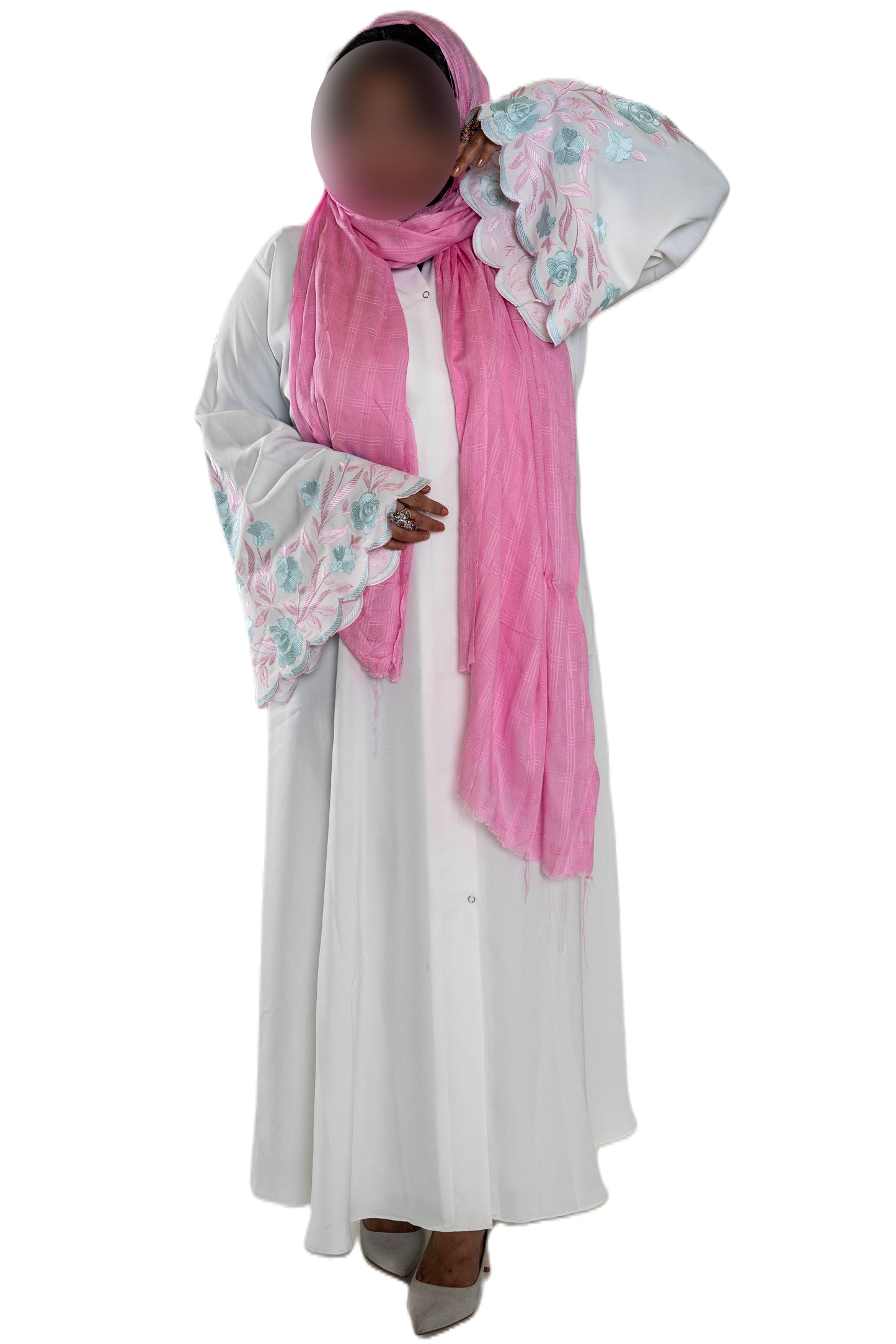 White Abaya with Embroidered Sleeves - High-Quality Fabric & Intricate Embroidery for Elegance and Sophistication ID