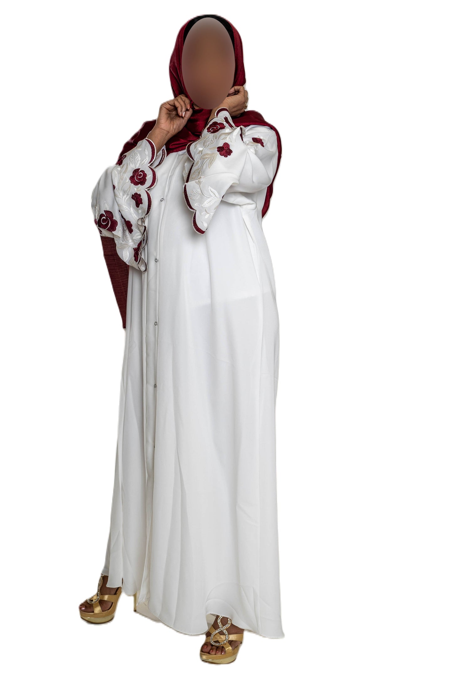 White Abaya with Embroidered Sleeves - High-Quality Fabric & Intricate Embroidery for Elegance and Sophistication ID