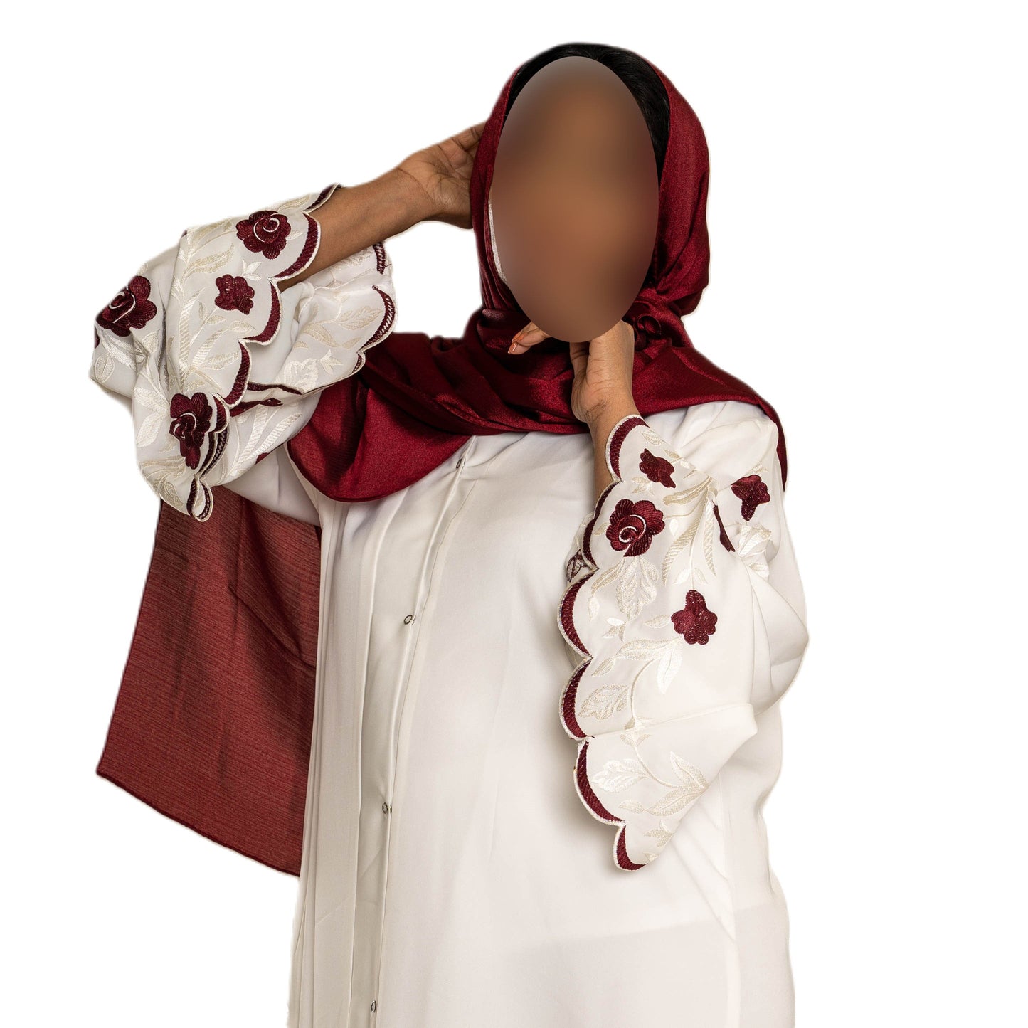 White Abaya with Embroidered Sleeves - High-Quality Fabric & Intricate Embroidery for Elegance and Sophistication ID