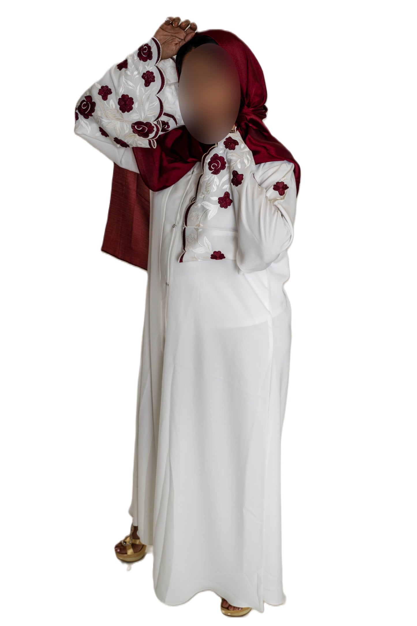 White Abaya with Embroidered Sleeves - High-Quality Fabric & Intricate Embroidery for Elegance and Sophistication ID