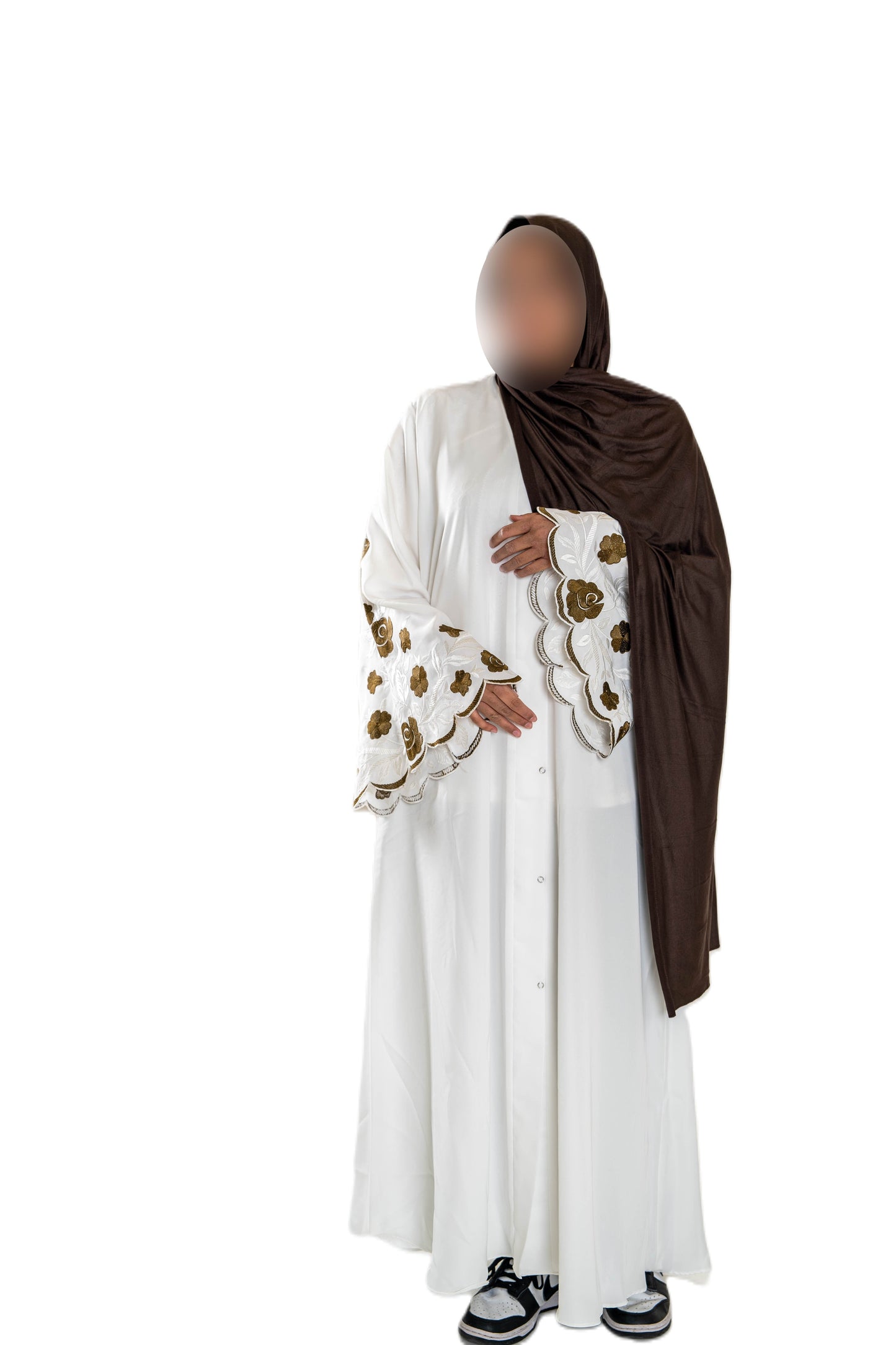 White Abaya with Embroidered Sleeves - High-Quality Fabric & Intricate Embroidery for Elegance and Sophistication ID