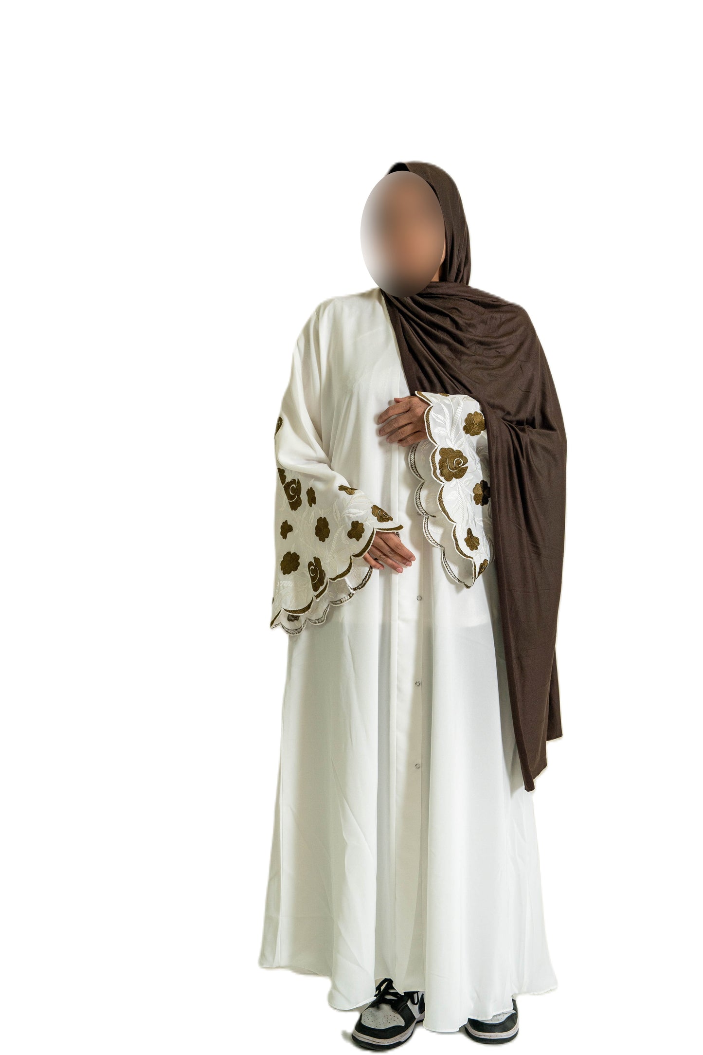 White Abaya with Embroidered Sleeves - High-Quality Fabric & Intricate Embroidery for Elegance and Sophistication ID