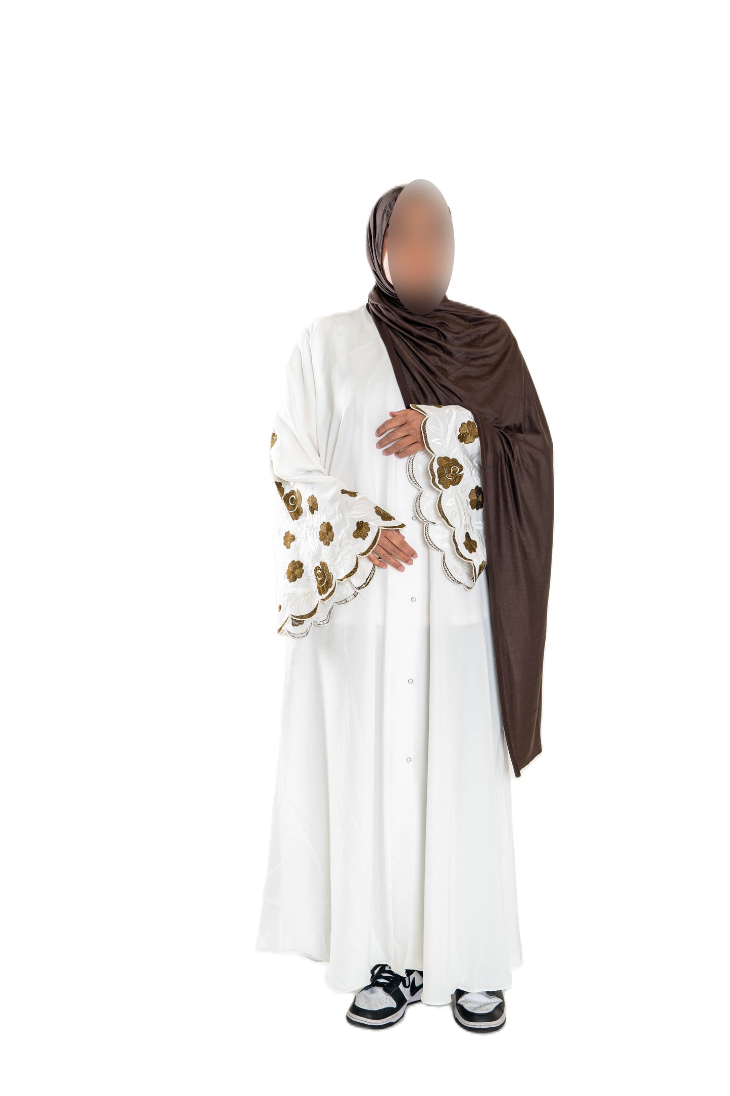 White Abaya with Embroidered Sleeves - High-Quality Fabric & Intricate Embroidery for Elegance and Sophistication ID