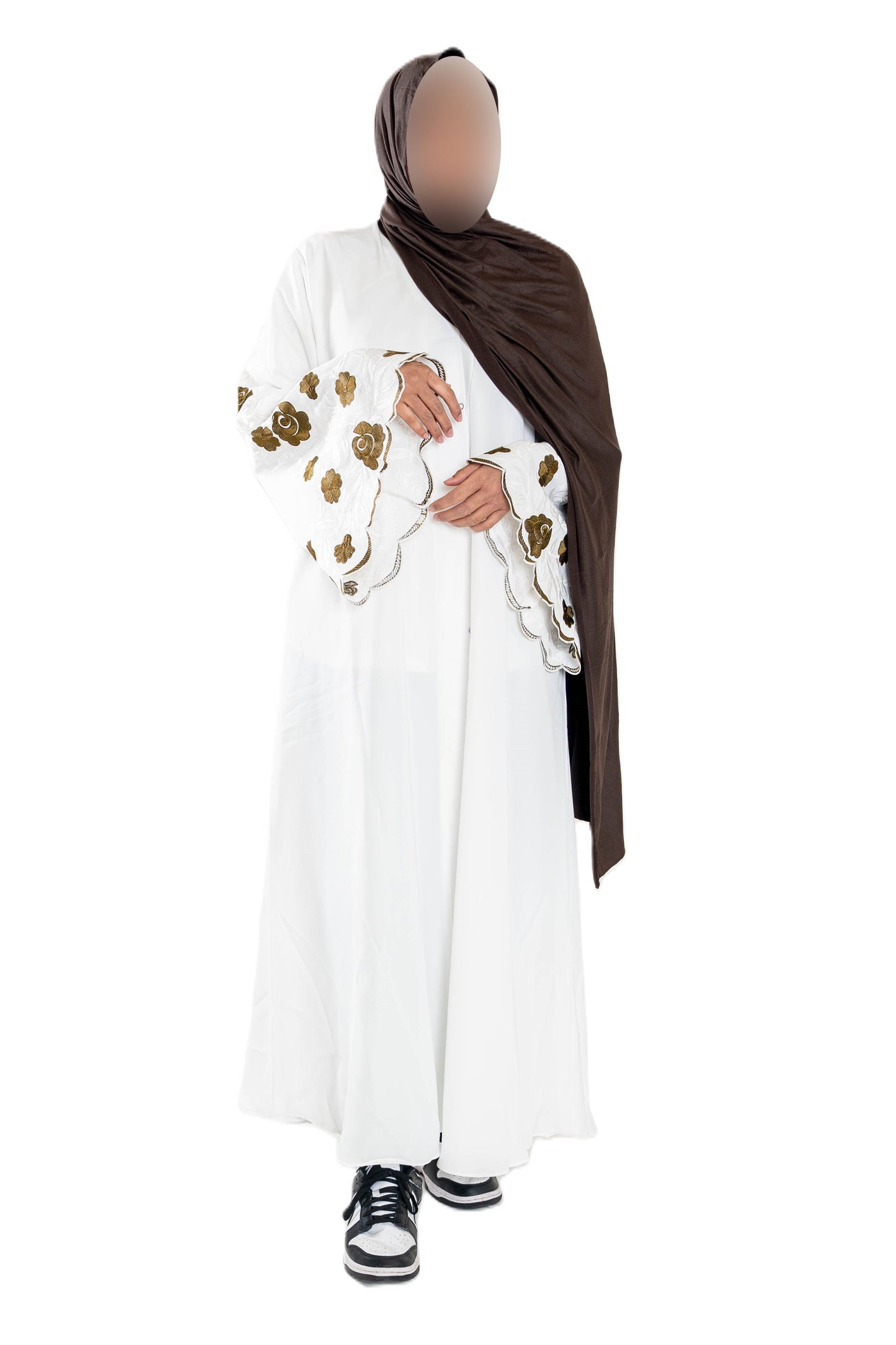White Abaya with Embroidered Sleeves - High-Quality Fabric & Intricate Embroidery for Elegance and Sophistication ID