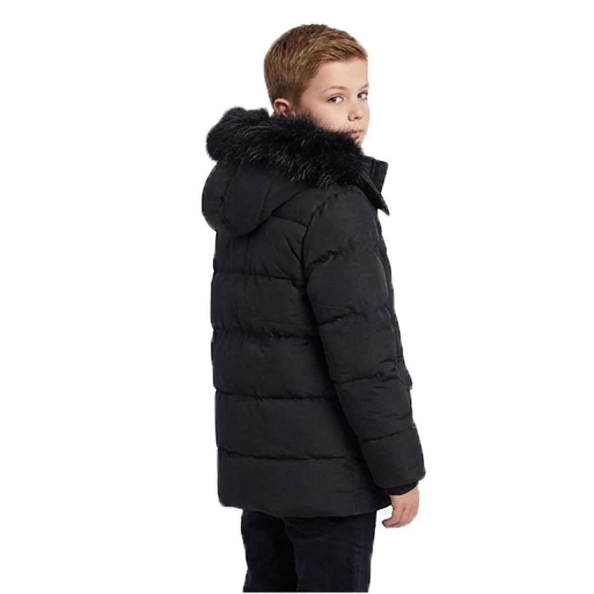 Boys’ Hooded Winter Puffer Parka Jacket with Faux Fur Lining – Black