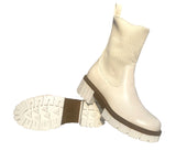 Emelyn Ladies Stretchy Knit Sock Faux Leather Mid Block Heel Casual Winter Ankle Boots Beige