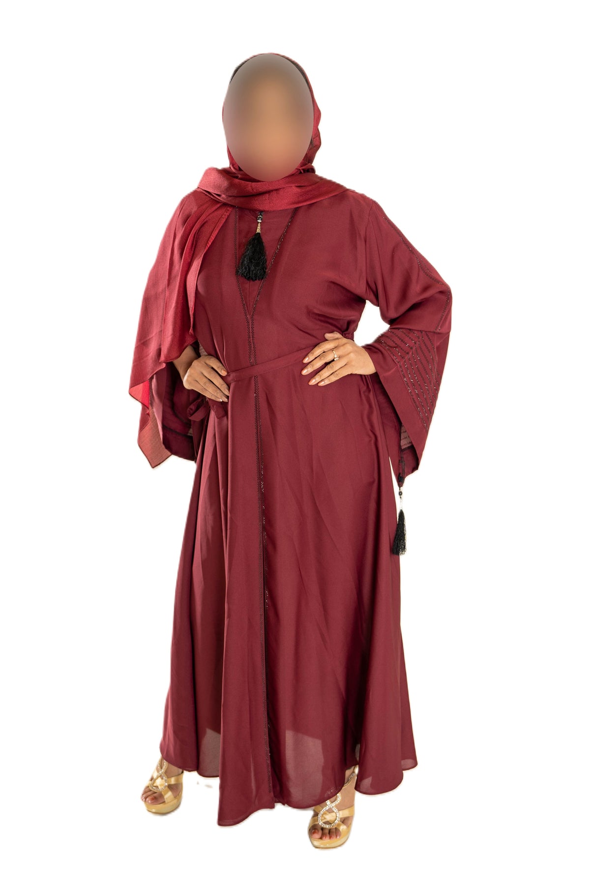 V Neck Abaya with Tassel in Olive Green - Elegant Long Sleeve Dress for Women
