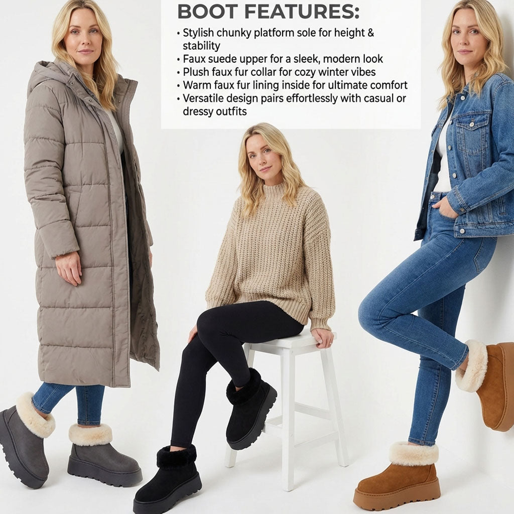 Faux fur collar detail on stylish platform boots Black , Grey, Brown