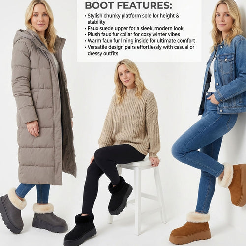 Faux fur collar detail on stylish platform boots Black , Grey, Brown