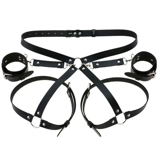 Leather handcuffs with garter and leg straps.