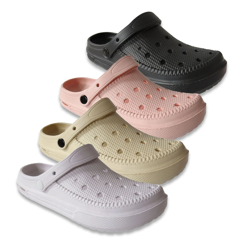 Four pairs of clogs in black, pink, beige, and white on a white background