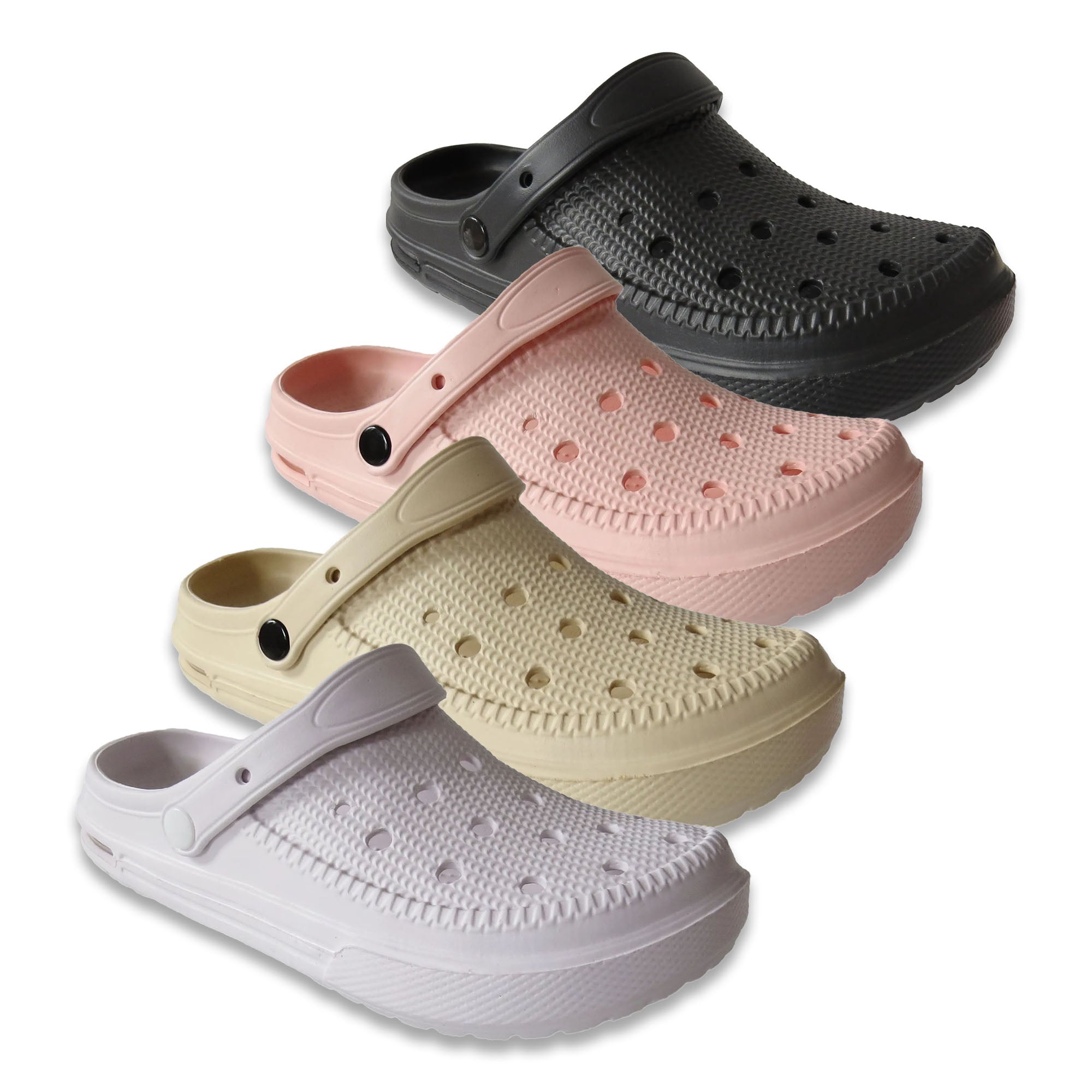 Four pairs of clogs in black, pink, beige, and white on a white background