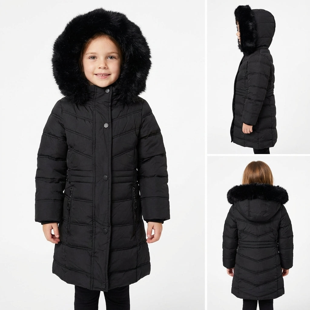 Girls’ Long Winter Puffer Coat with Detachable Faux Fur Hood – Black
