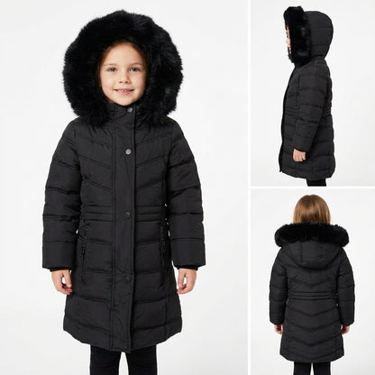 Girls’ Long Winter Puffer Coat with Detachable Faux Fur Hood – Black
