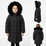 Girls’ Long Winter Puffer Coat with Detachable Faux Fur Hood – Black