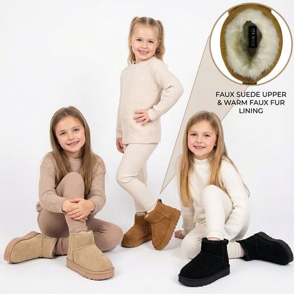 Three children wearing different colored boots with a close-up of the sole showing 'faux suede upper & warm faux fur lining'.