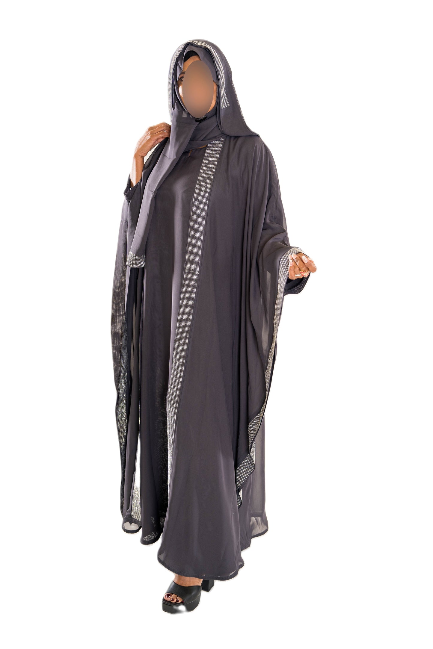 Elegant 3 Piece Fancy Abaya with Hood in Luxurious Chiffon Fabric for Any Occasion