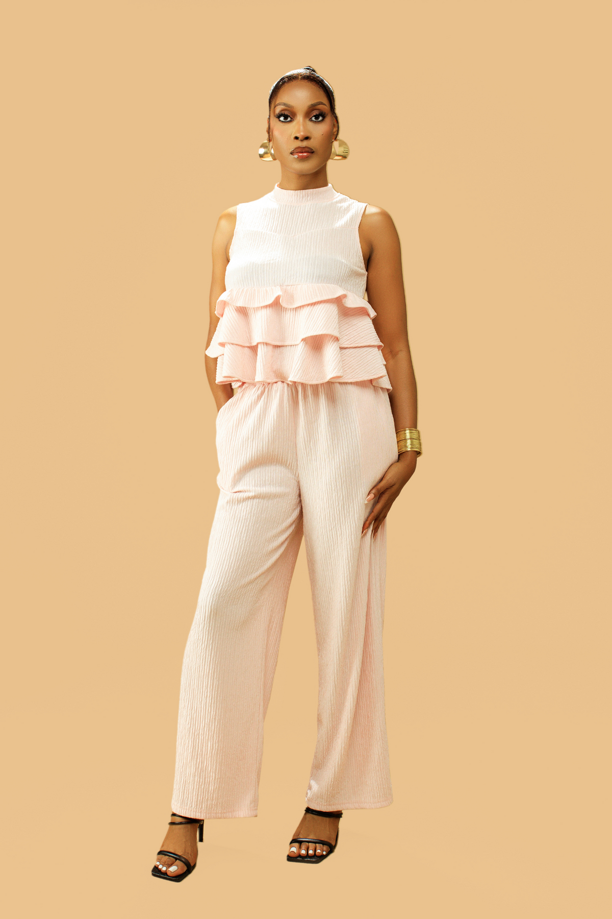 High Neck Frill Blouse & Flared Pants Co-ord Set