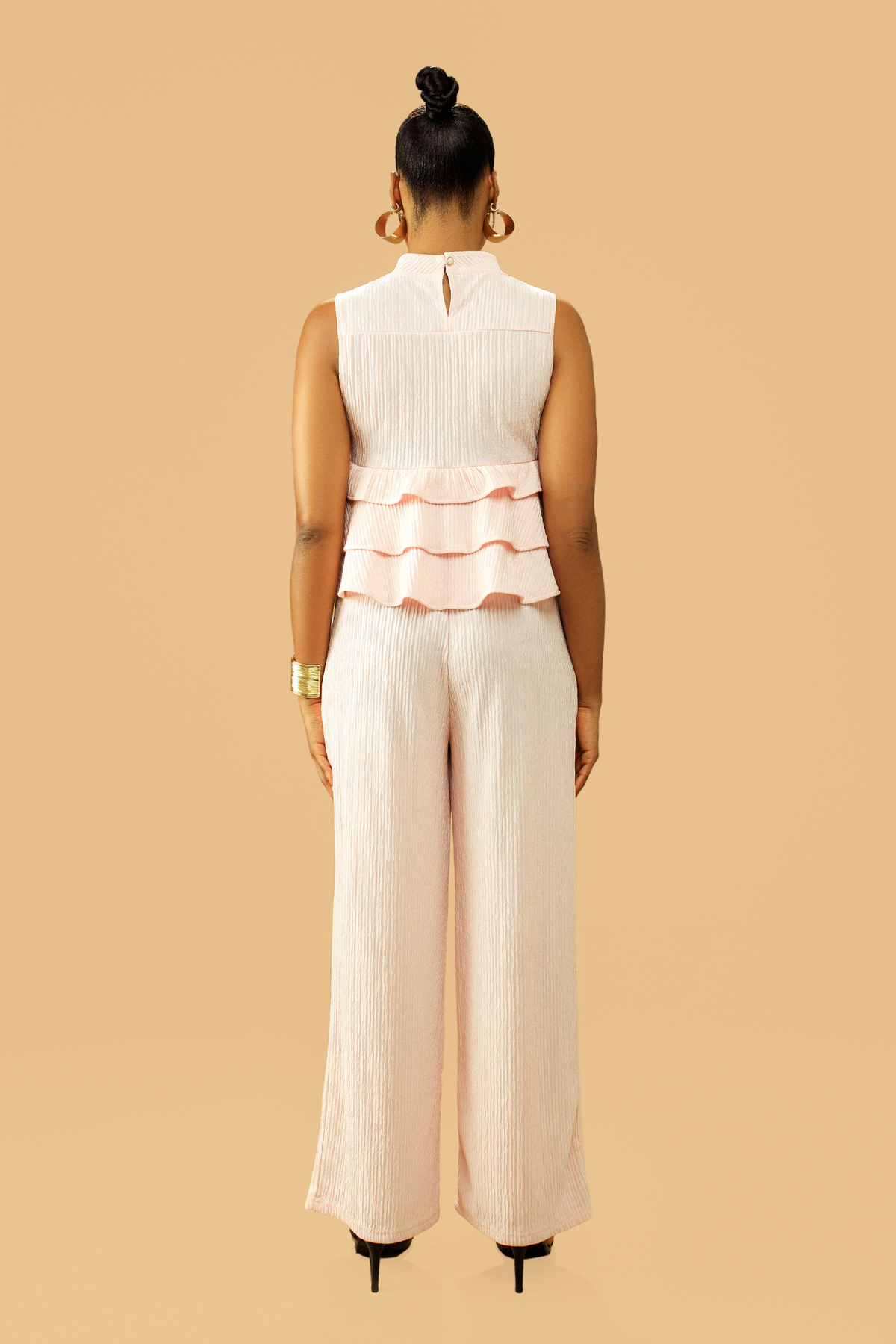 High Neck Frill Blouse & Flared Pants Co-ord Set