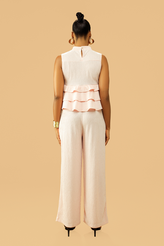 High Neck Frill Blouse & Flared Pants Co-ord Set
