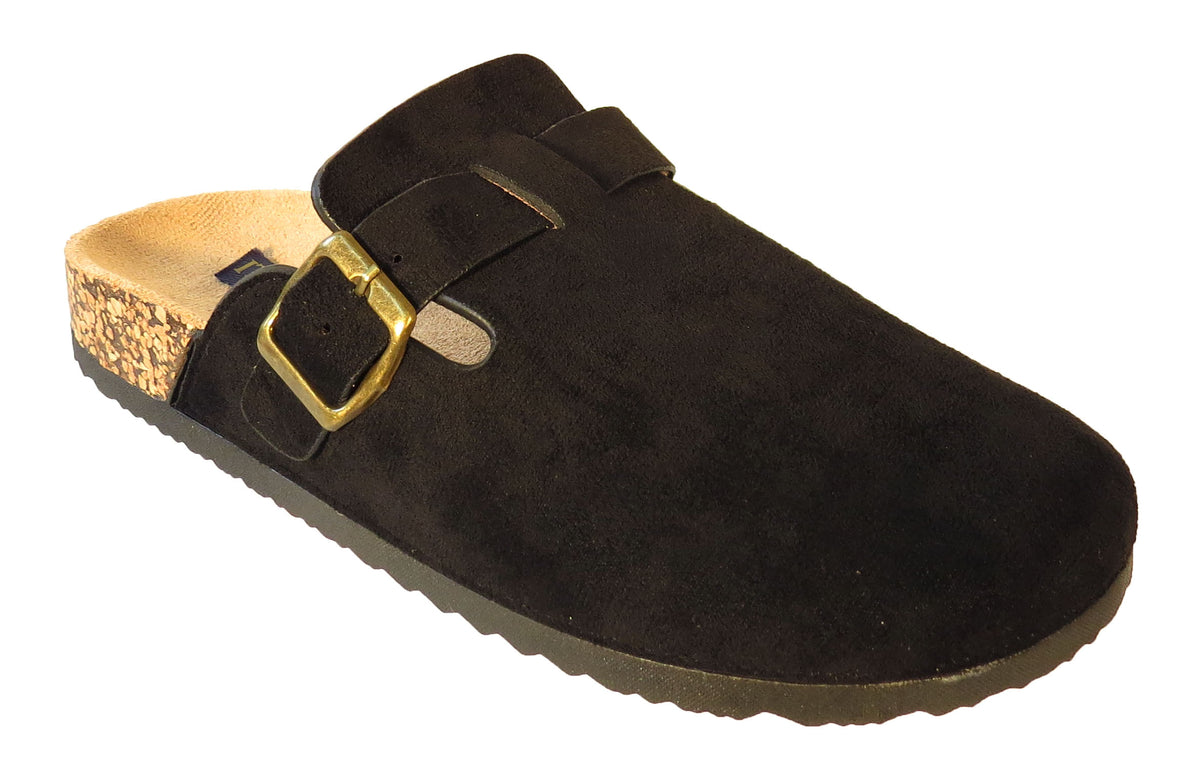 Becky Ladies Faux Suede Leather Plaform Buckle Clog Slippers Black