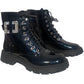 Reyna Womens Diamante Buckle Winter Faux Leather Patent Ladies Combat Ankle Boots Black