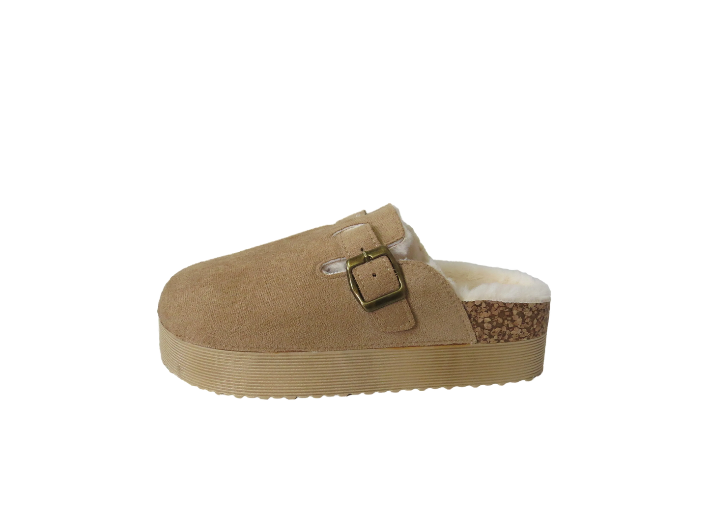 Ellen Ladies Faux Fur Lined Platform Mules Buckle Slippers