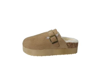 Ellen Ladies Faux Fur Lined Platform Mules Buckle Slippers