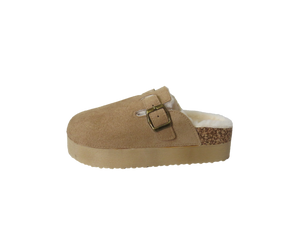 Ellen Ladies Faux Fur Lined Platform Mules Buckle Slippers