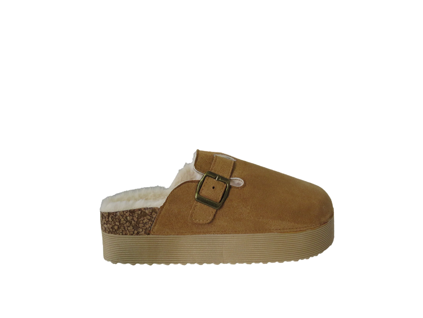 Ellen Ladies Faux Fur Lined Platform Mules Buckle Slippers