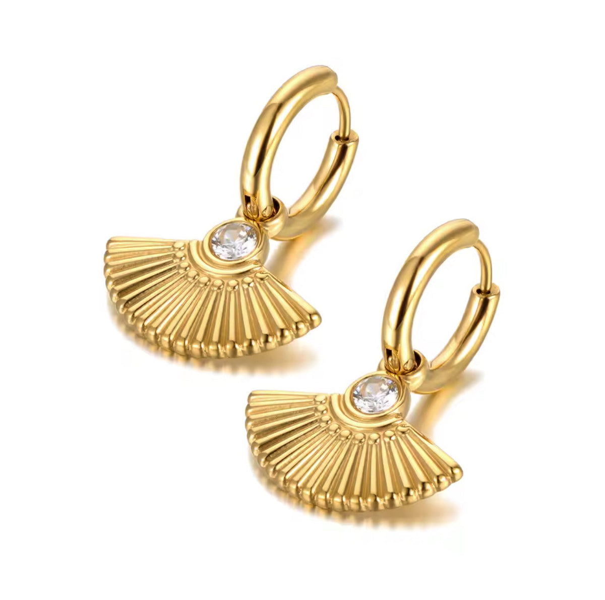 Hanaa Luxe 18k Gold Plated Fan Clear Jewel  Huggie Hoops
