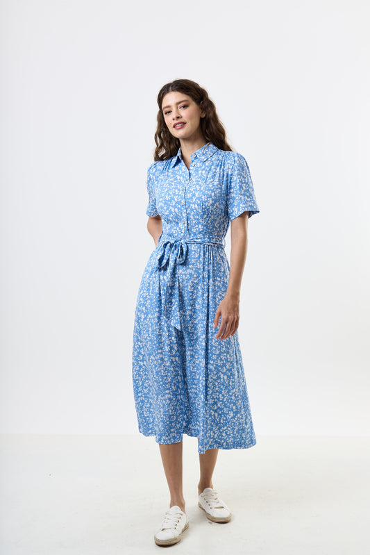 Inesa Negative Floral Print Short Sleeve Midi Shirt Dress - Blue