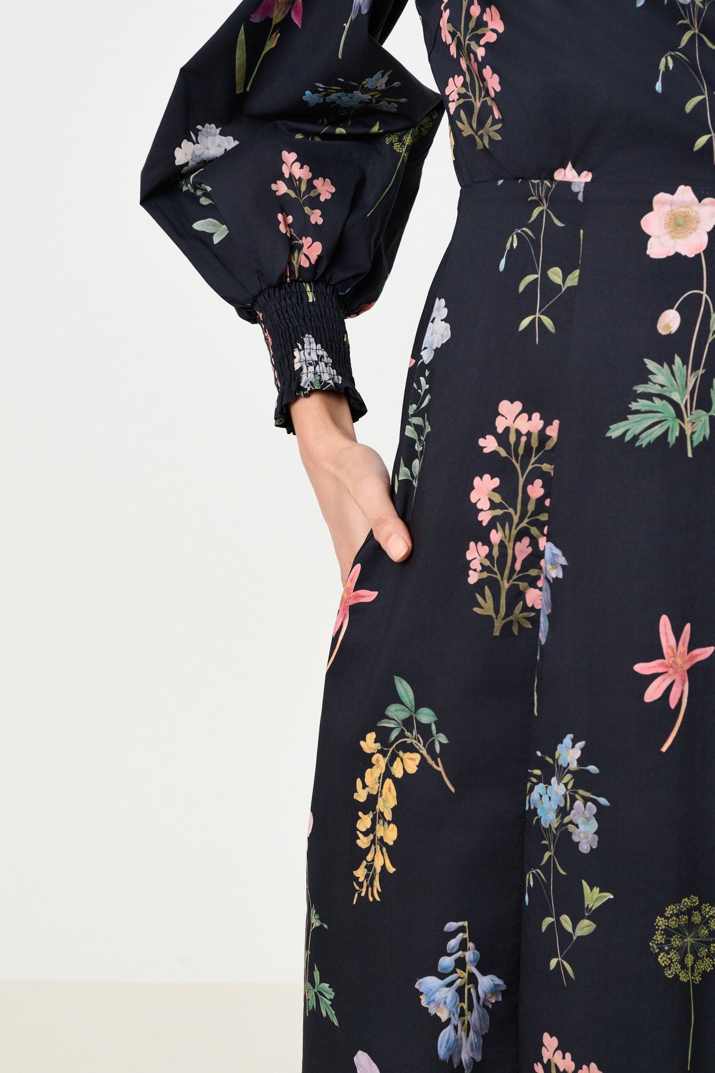 Jessie Flower Press Print Frill Neck Midi Dress