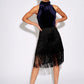 Karene Fringe Skirt Velvet Mini Dress in Navy