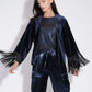 Lilo Fringe Trim Velvet Kimono Navy