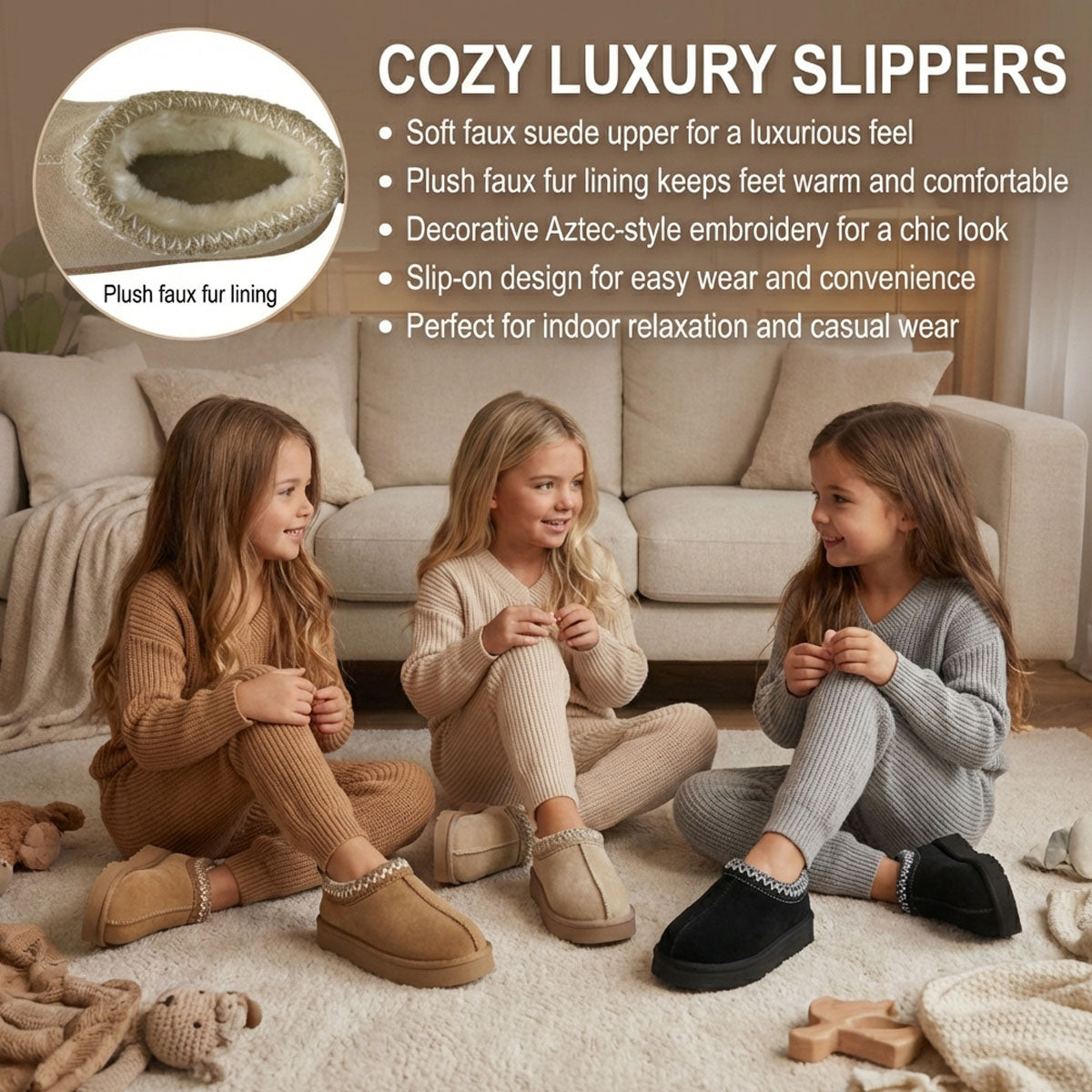 Harmony Girls' Slippers with Faux Suede & Aztec Embroidery