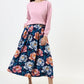 Lizea Peonies Print Pleated Midi Skirt - Navy