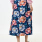Lizea Peonies Print Pleated Midi Skirt - Navy