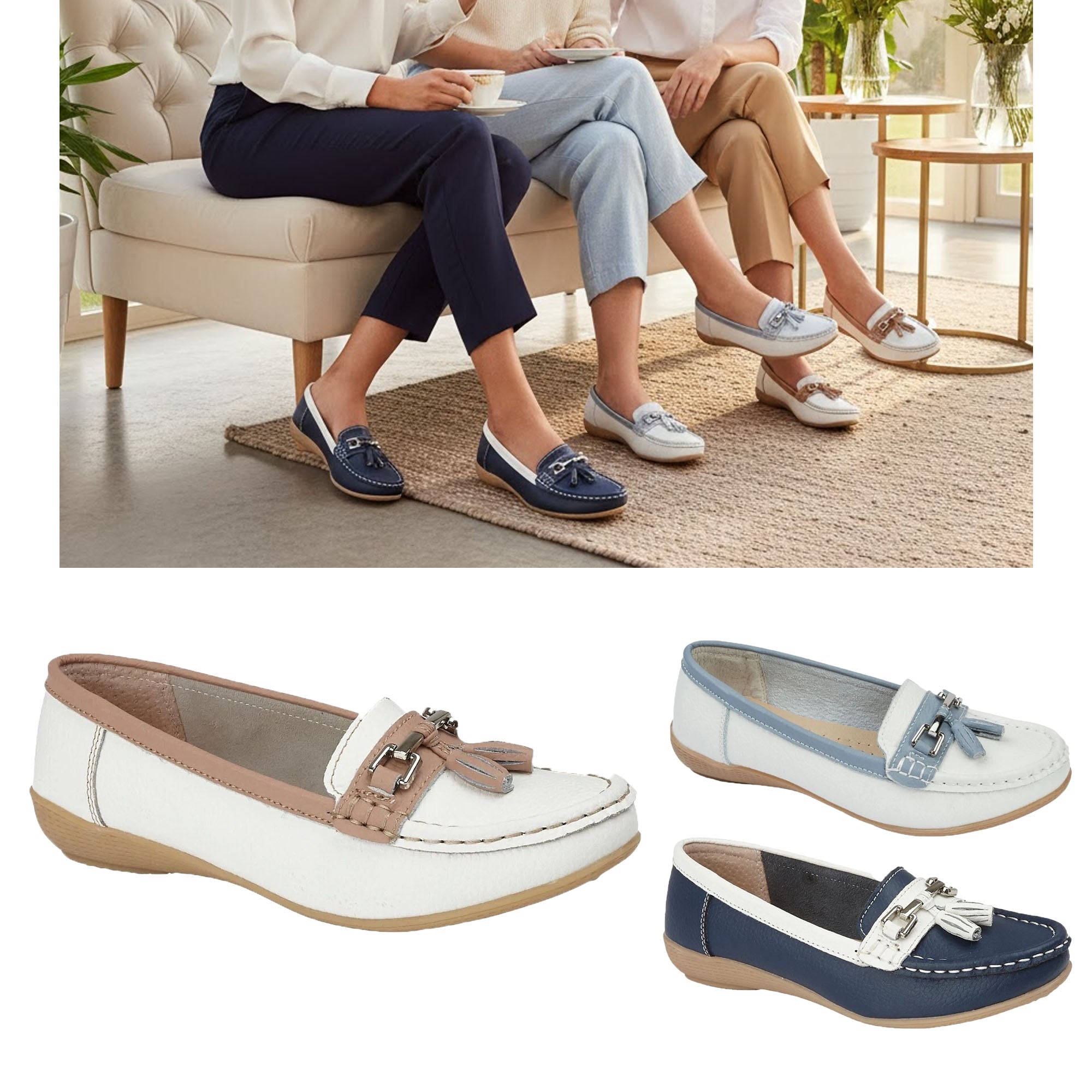 Ladies Moccasin Shoes Leather Tassel Slip On Flat Two Ladies Tone Boat Loafers