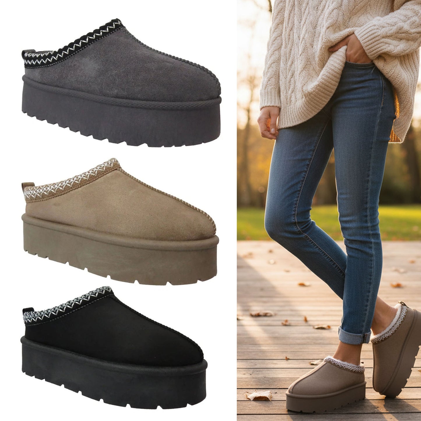 Three pairs of platform slippers in gray, brown, and black on a white background. A person wearing blue jeans and a beige sweater is also shown wearing the brown platform slipper.