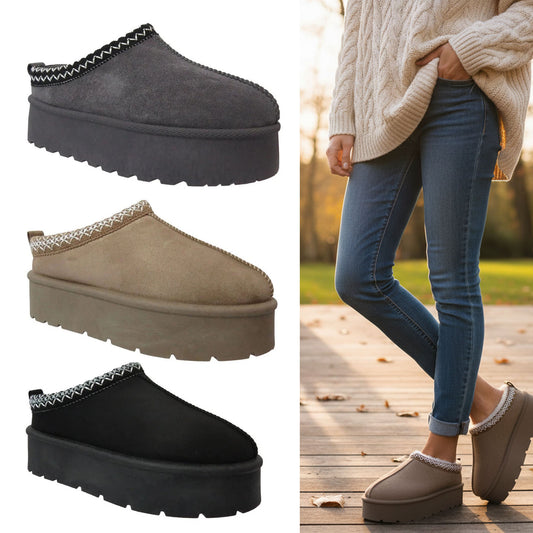 Three pairs of platform slippers in gray, brown, and black on a white background. A person wearing blue jeans and a beige sweater is also shown wearing the brown platform slipper.